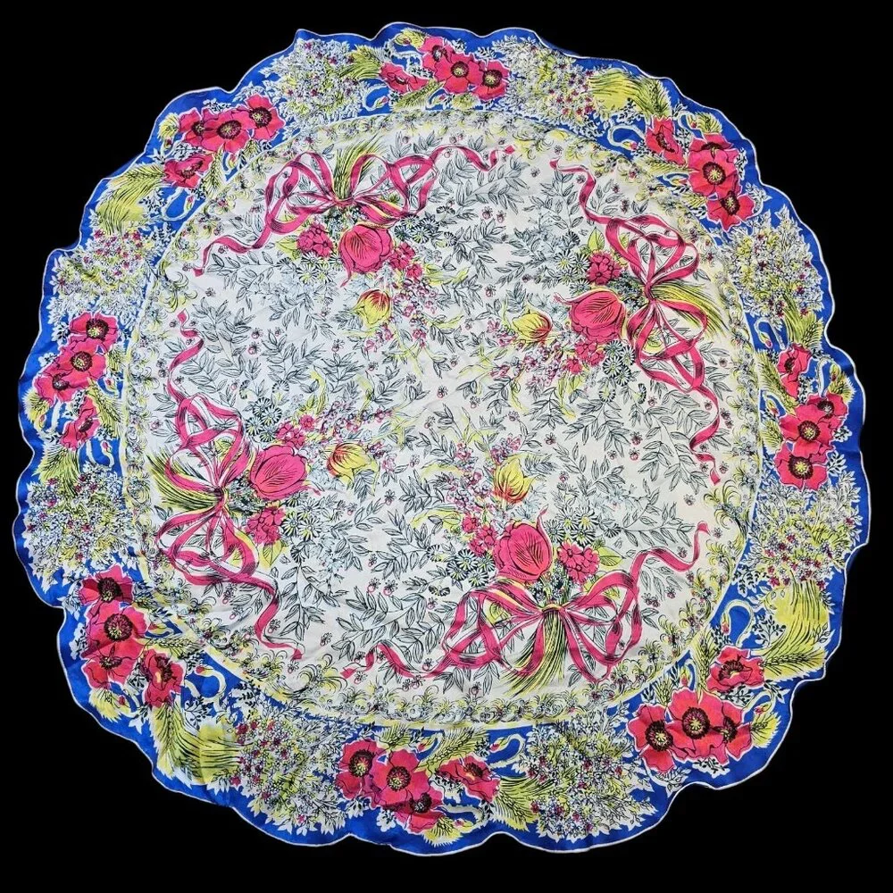 VTG Silk Round Floral Hankerchief Scalloped Edge Blue Pink Rare 40 In Rolled Hem